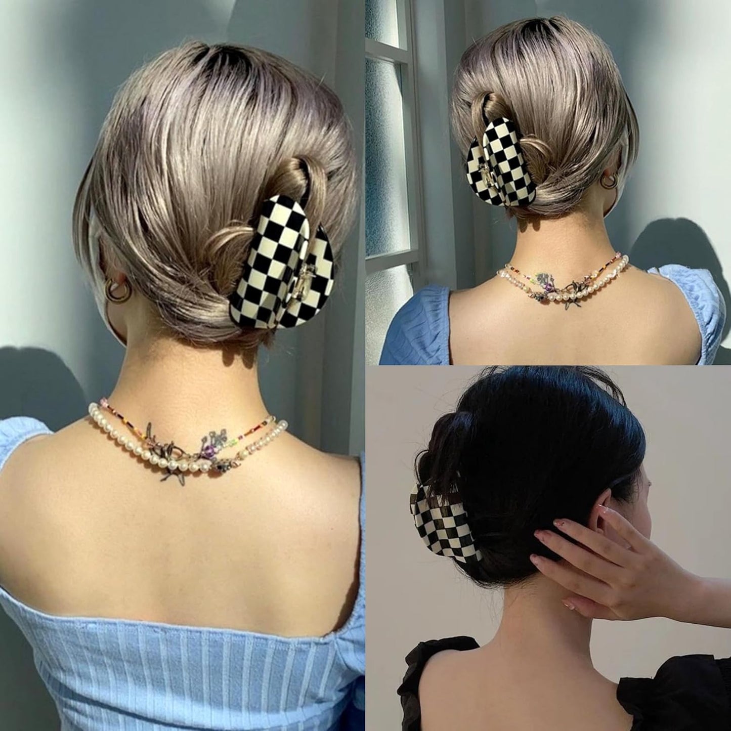 Checkered Hair Claw Clips, Acrylic Multicolored Semicircle Checker Barrettes for Women Ladies Medium Cute Non Slip Hair Jaw Clips Strong Hold Claw Clamps Hair Accessories for Thin Thick Hair (4 Pack)