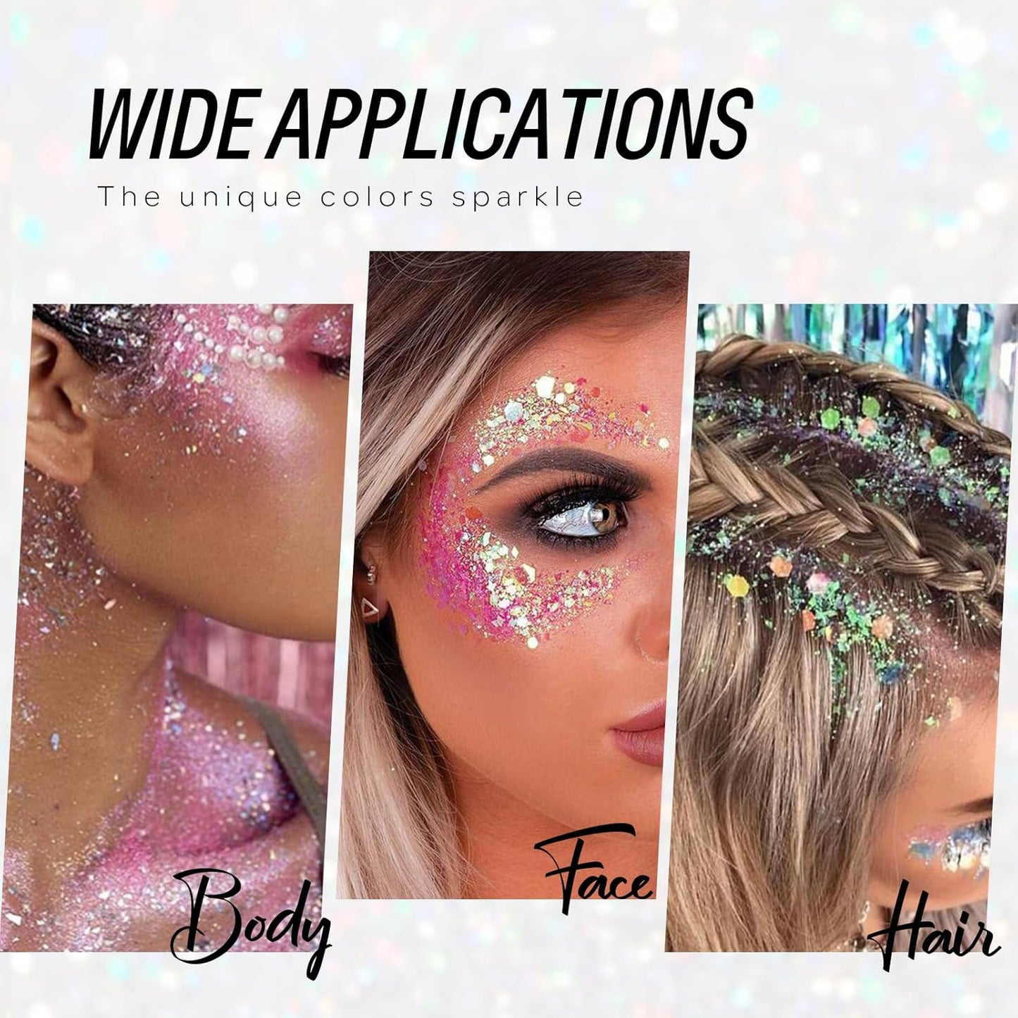 Pink Face and Body Hair Glitter Gel, Party Concerts Cheer Face Paint Holographic Chunky Festival Rave Accessories Glitter Makeup, 6 Kinds of Sparkling Sequins for Hair Nail Eye Lip Body