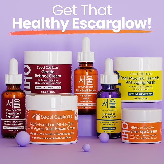 SeoulCeuticals 1% Korean Retinol Night Cream - 97.5% Snail Mucin + 2% Niacinamide Moisturizer for Face - Gentle K Beauty for Sensitive Skin 2oz