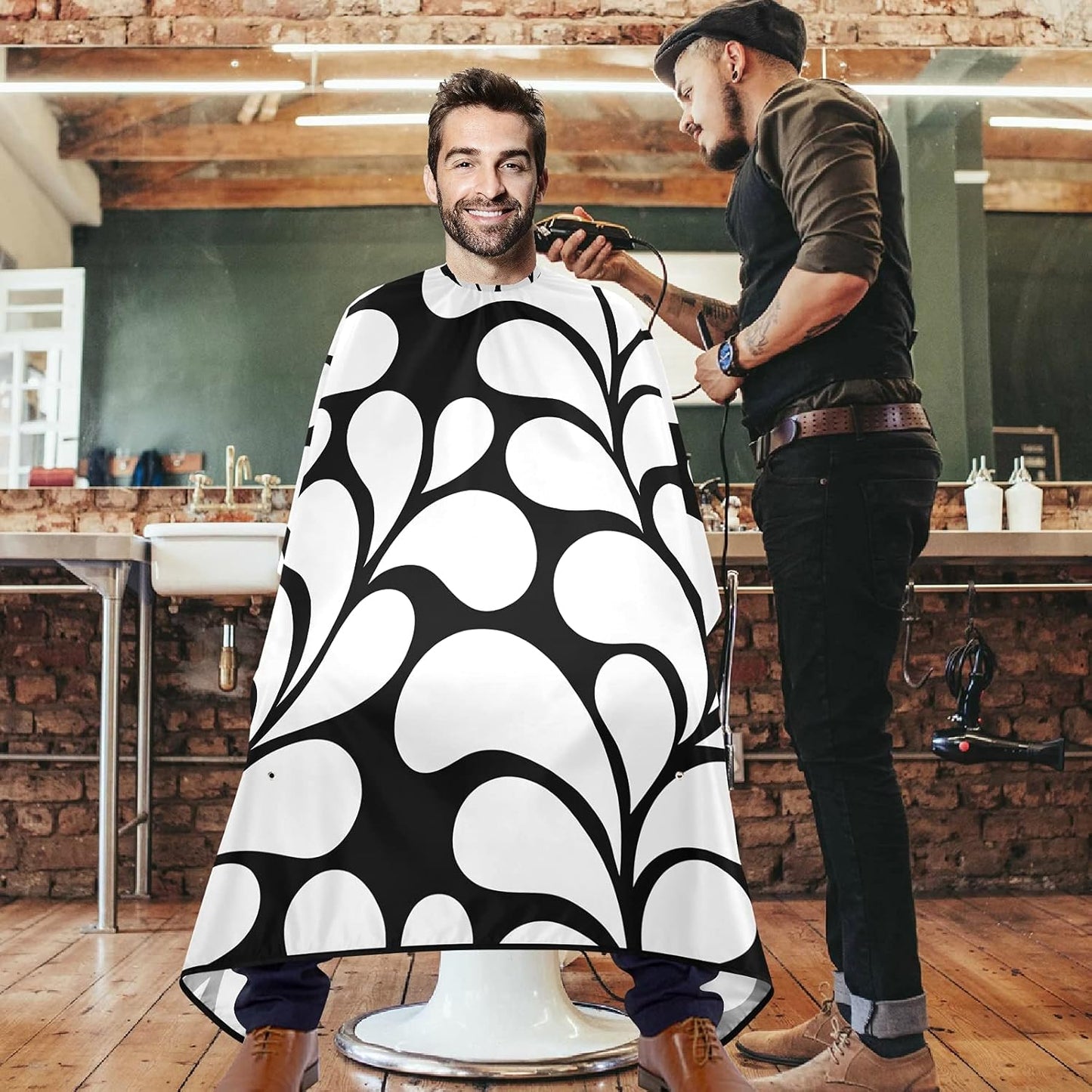visesunny Black Floral Pattern Barber Cape Polyester Hair Cutting Salon Cape Apron Anti-Static Haircut Water-Resistant Shaving Cloth Beard Shaving Bib Hairdressing Cape