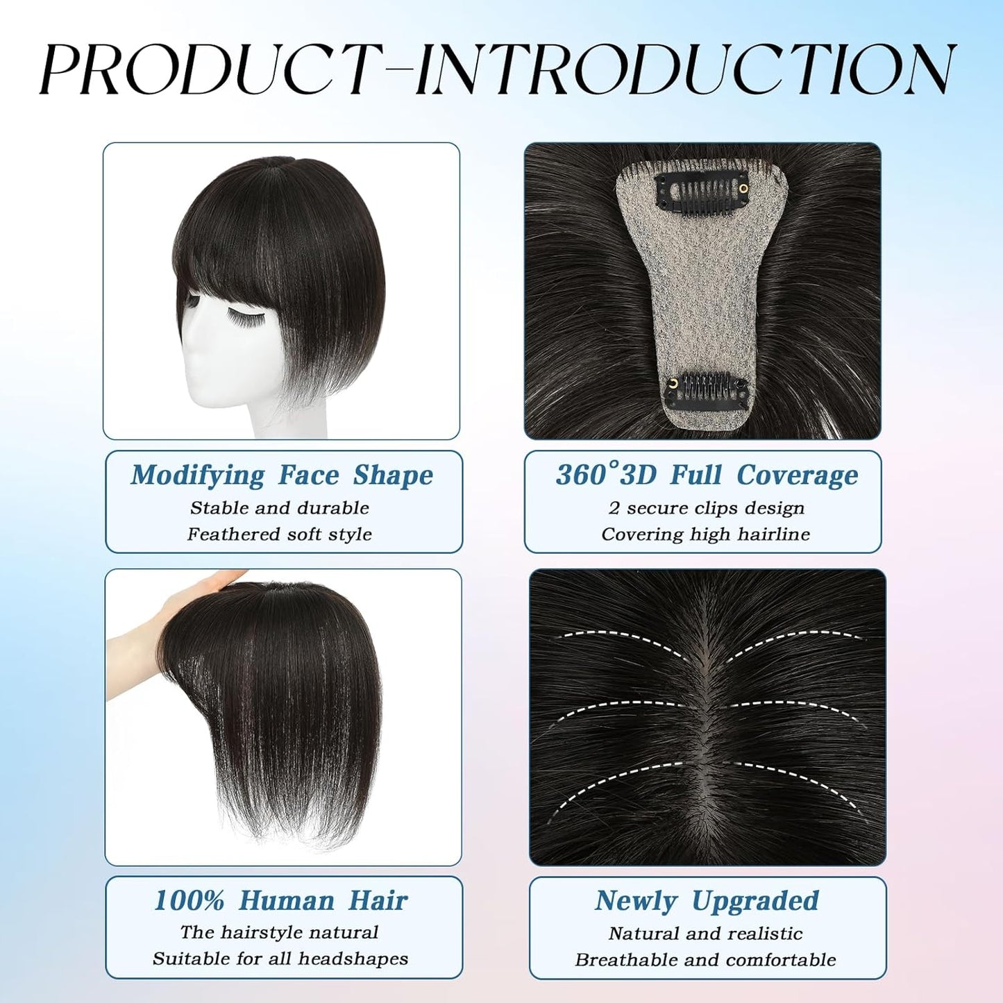 Bangs Hair Clip Human Hair Natural Black French Bangs for Women Fringe with Temples Hairpieces (Brown Black, 3D Bangs)