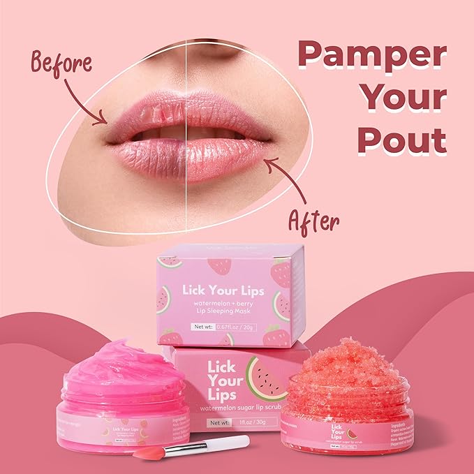 Watermelon Lip Scrub and Lip Sleeping Mask Duo to Exfoliate and Nourish Dry, Lip Scrub and Mask Set for Chapped Lips – Overnight Lip Care Kit to Achieve Soft, Luscious Lips