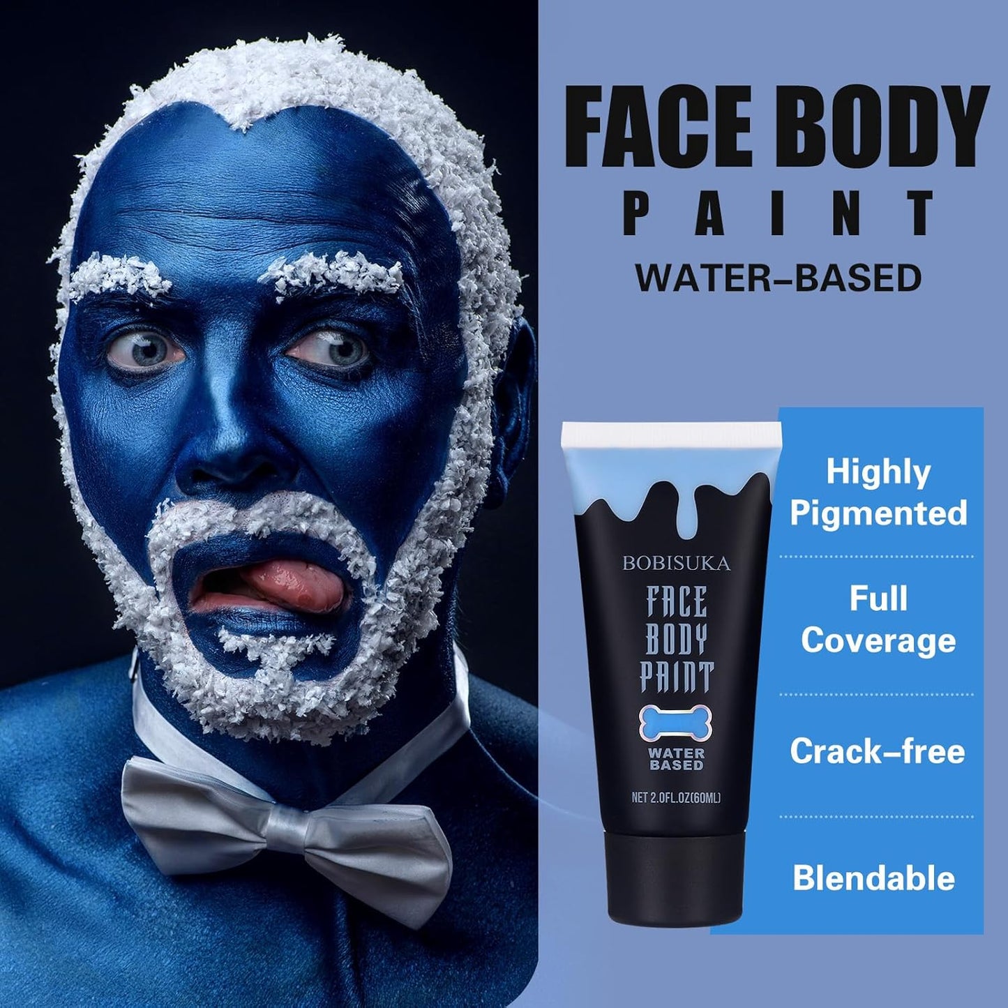 BOBISUKA Blue Face Body Paint, Water Based Face Painting for Art Theater Halloween Party Cosplay Clown SFX Makeup for Women Adults, Non-Toxic Washable