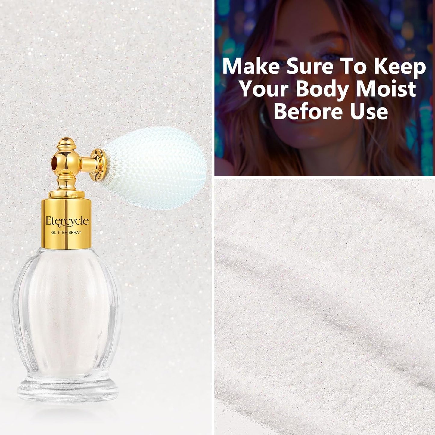 Etercycle Glitter Makeup Spray, White Fine Glitter Spray for Hair and Body, Extra Fine Face Glitter Makeup Sparkly Gifts for Clothes Nail Art Craft Design Easter Christmas Halloween Crafts