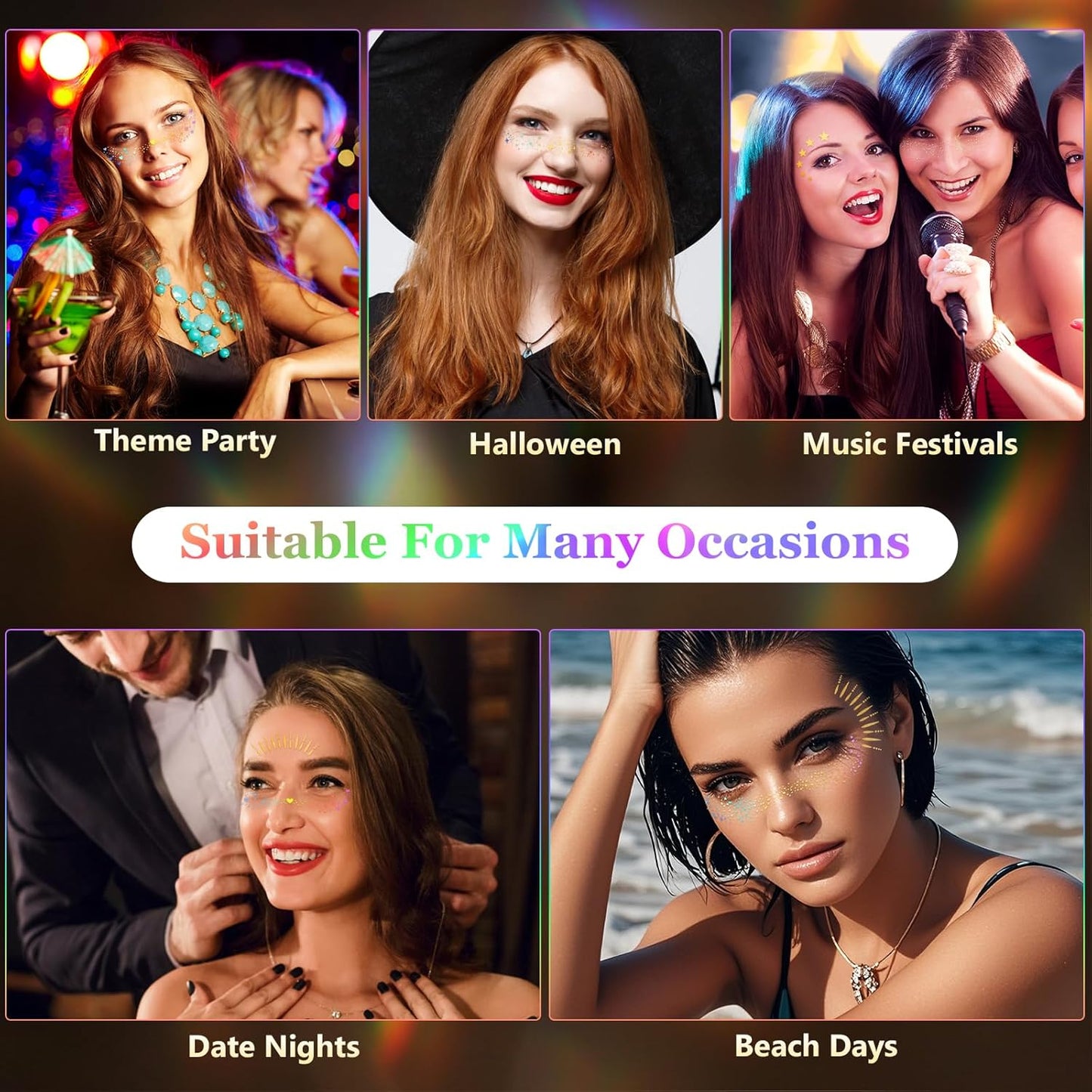 HyperFun 12Pcs Face Glitter Freckles, Face Glitter Fake Freckles Sticker, Holographic Multichrome Waterproof Sparkle Freckles Makeup Patches for Women Rave Festival Accessories Concerts Party Prom