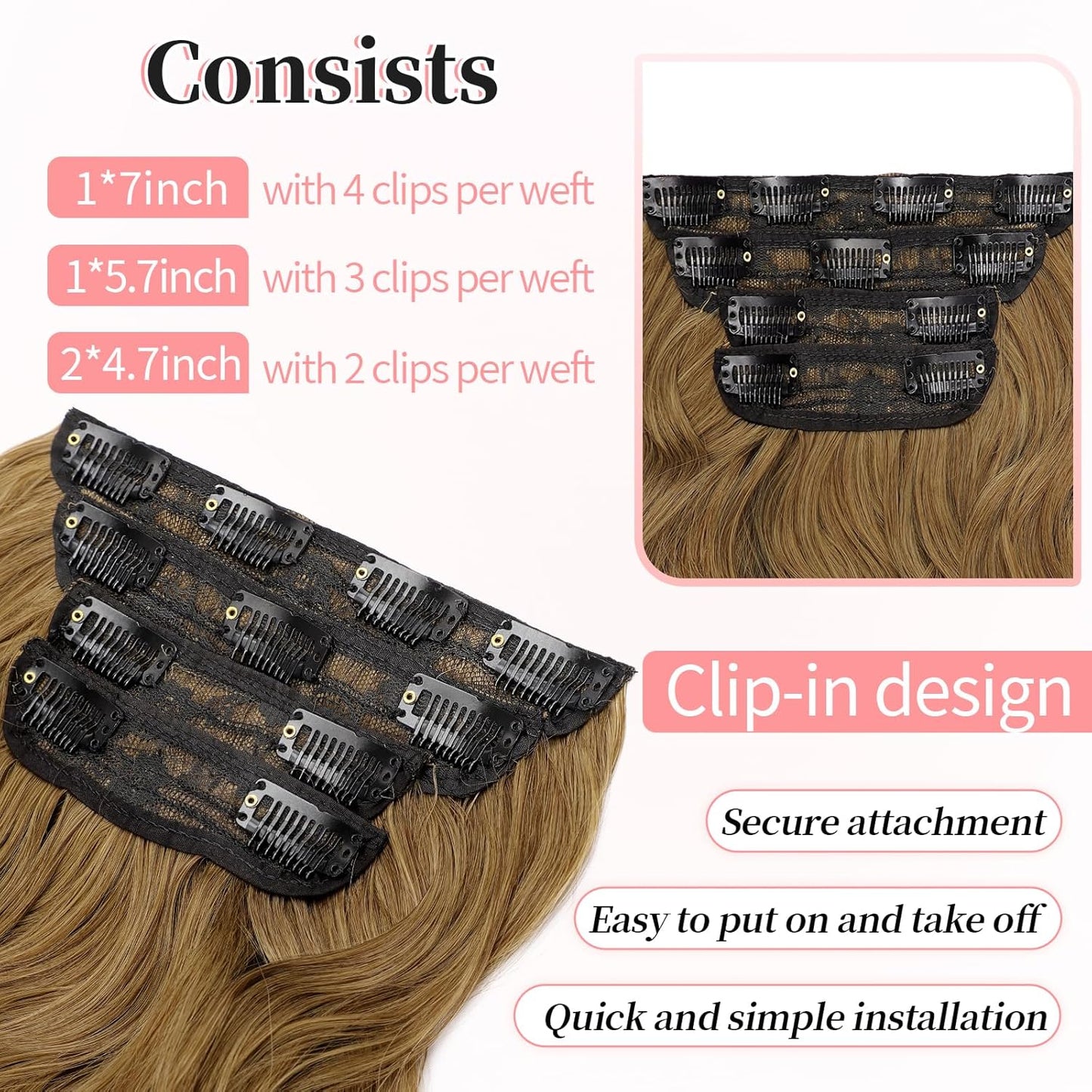 KooKaStyle Clip in Synthetic Hair Extensions Long Wavy 4PCS Thick Hairpieces Brown with Multi - Tone Highlights Fiber Double Weft Natural 24 Inch for Women