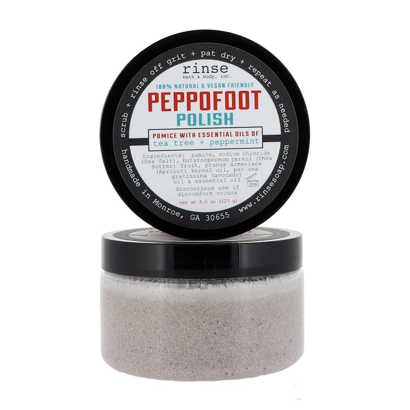 Rinse Bath & Body Peppofoot Peppermint Foot Scrub - Handmade Exfoliating Tea Tree Oil Cooling Foot Scrub w/Peppermint Essential Oil | Shea Butter & Avocado Oil | Cleansing & Refreshing| Natural | 4oz