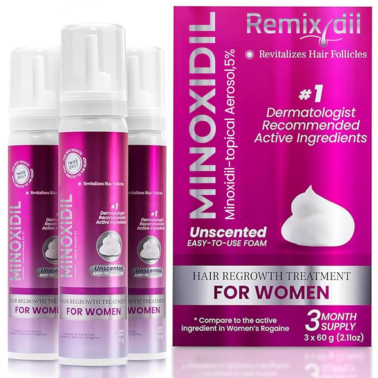 Minoxidil for Women | 5% Minoxidil For Women Hair Growth | Hair Regrowth Treatment | Unscented Topical Foam | Dermatologist Recommended | Clinically Proven Formula | 3 Month Supply