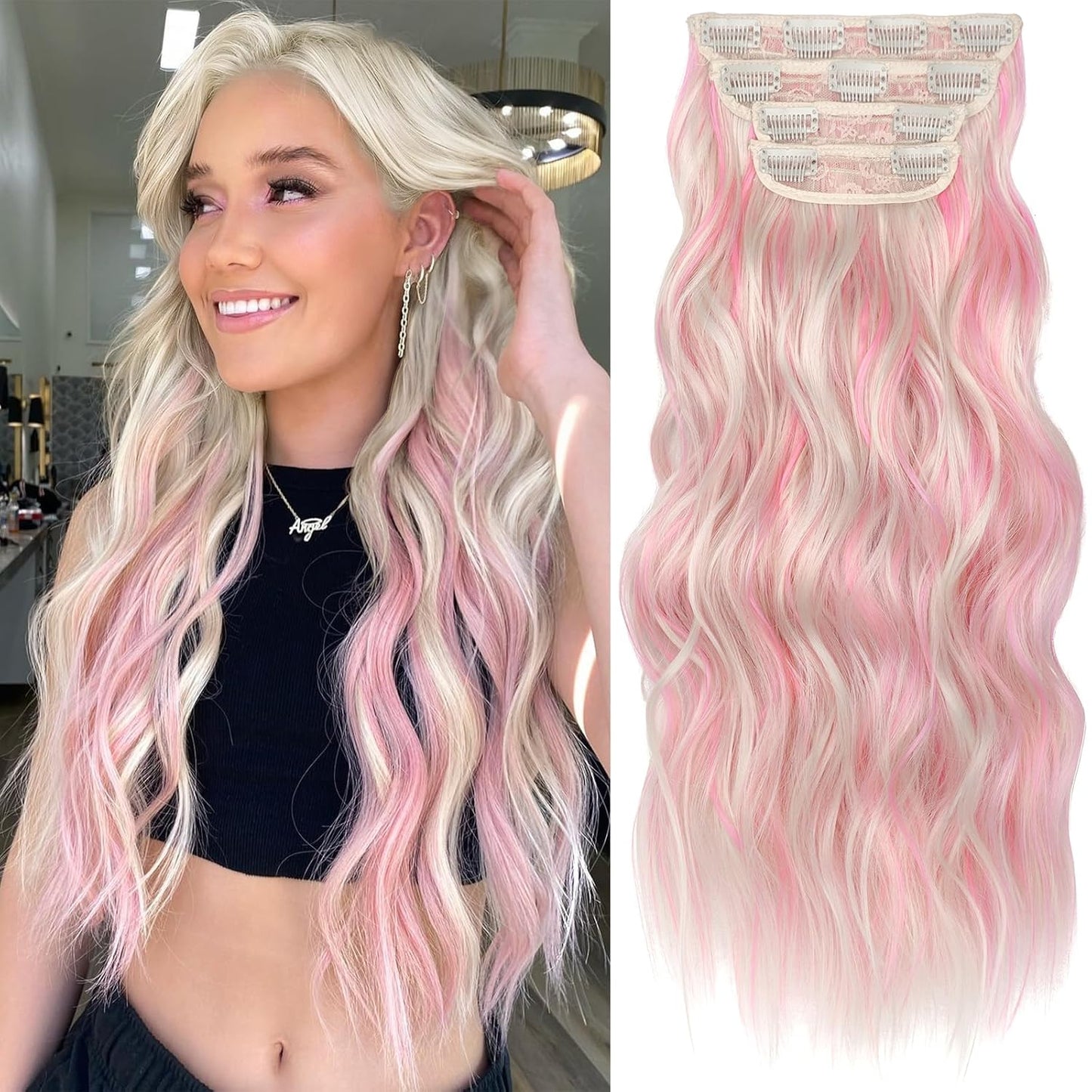 KooKaStyle Clip in Synthetic Hair Extensions Long Wavy 4PCS Thick Hairpieces Blonde with Pink Highlight Fiber Double Weft Natural Hair Extensions 20 Inch for Women