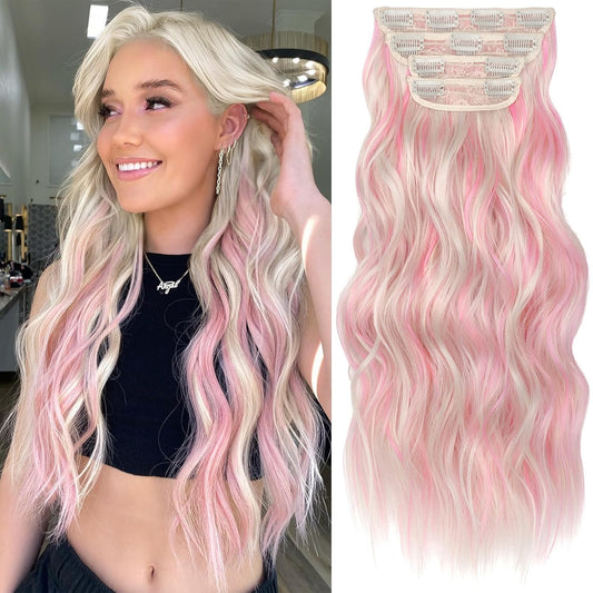 KooKaStyle Clip in Synthetic Hair Extensions Long Wavy 4PCS Thick Hairpieces Blonde with Pink Highlight Fiber Double Weft Natural Hair Extensions 20 Inch for Women