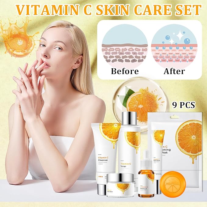 9 Pcs Skin Care Set with Facial Cleanser,Toner,Face Serum,Face Cream,Eye Cream,Solid Body Soap,Hydrating Face Sheet Masks Skin Care Kit for Women and Men