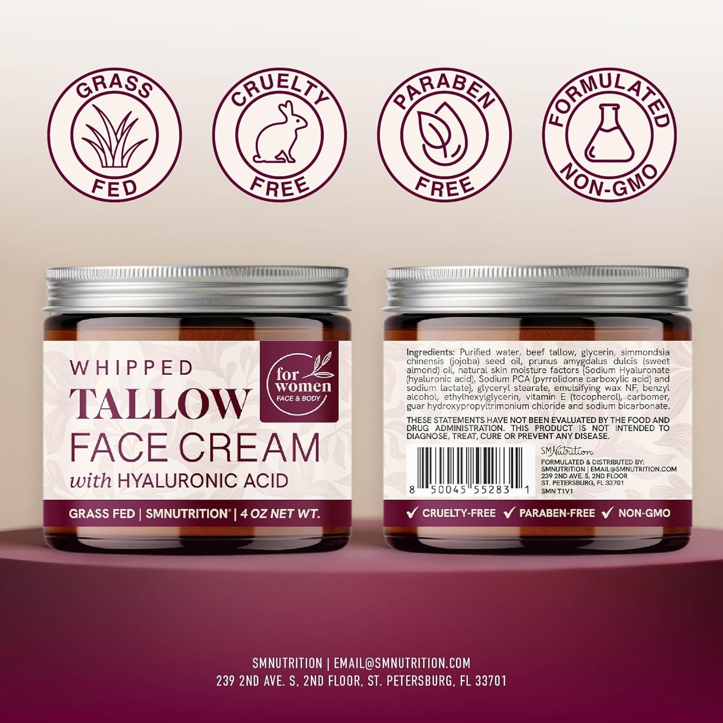 Beef Tallow Face Moisturizer for Women | With Hyaluronic Acid | Hydrating Whipped Beef Tallow for Skin Care for Women | With Jojoba & Sweet Almond Oil | Paraben & Cruelty-Free, Non-GMO | 4 oz