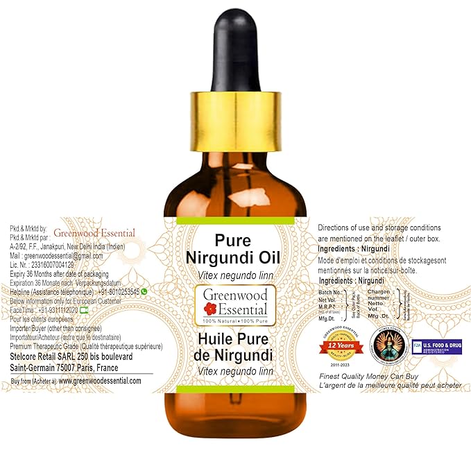 Pure Nirgundi Oil (Vitex negundo linn) 100% with Glass Dropper Premium Therapeutic Grade for Hair, Skin & Aromatherapy (Pack of Two) 100ml X 2 (6.76 oz)