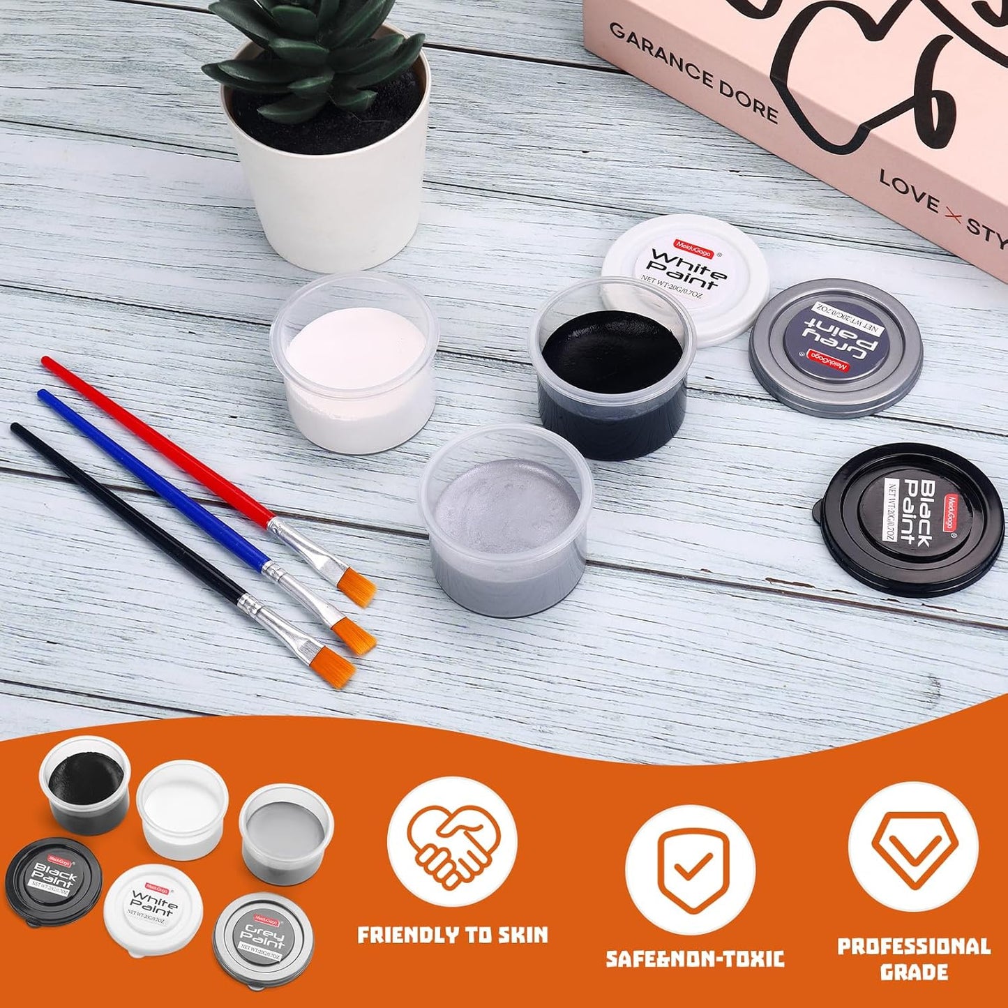 Halloween Makeup Kit, White + Black + Silver Face Painting Kit for Adults 60g(2.1 oz), Body Paint Kit with Brushs for Halloween Makeup, Party, Cosplay, Theater