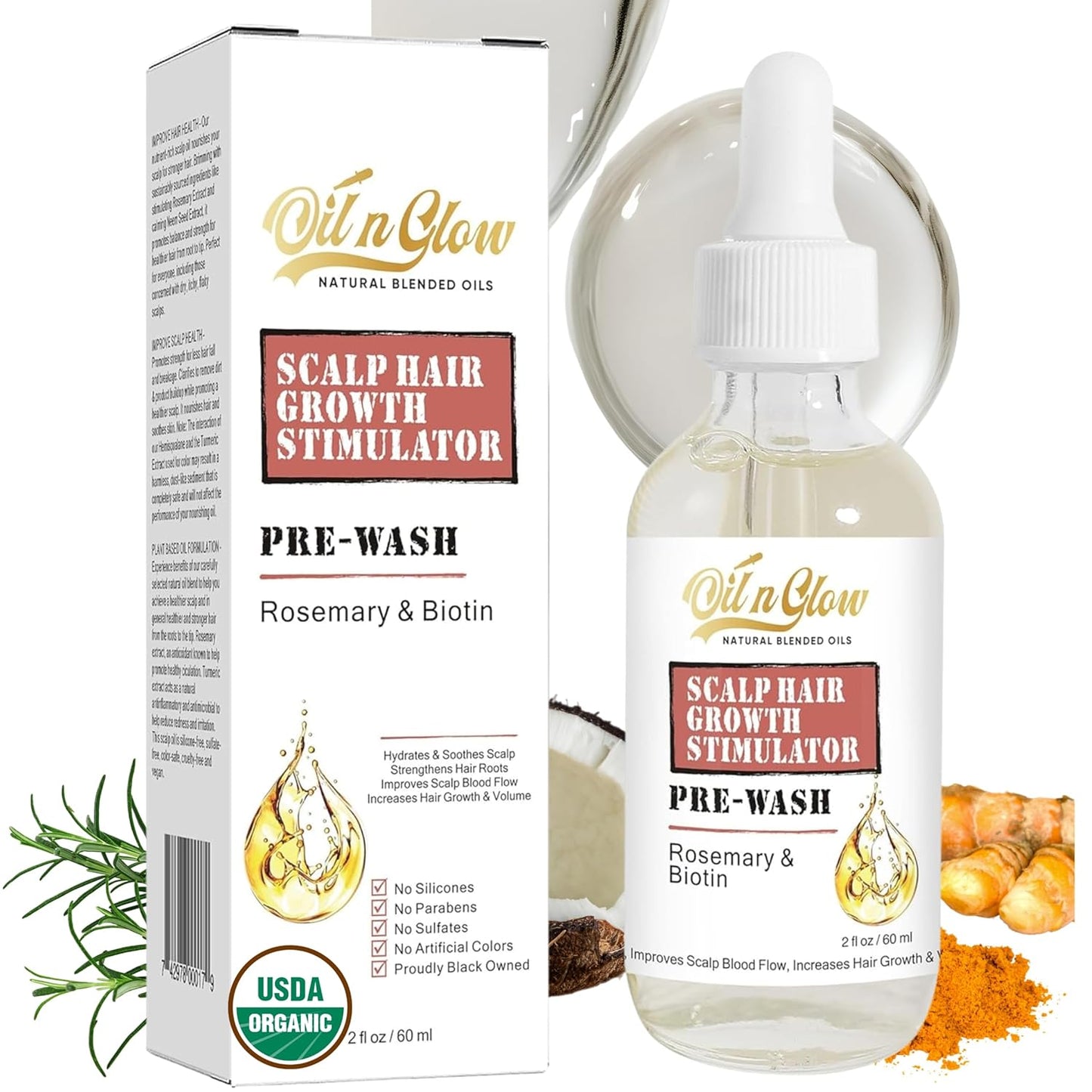 Pre Wash Hair Oil – USDA Certified Organic Scalp Oil Hair Growth Treatment with Rosemary & Biotin, Pre-Shampoo Serum for Thinning Hair & Hair Loss – 2 Fl Oz