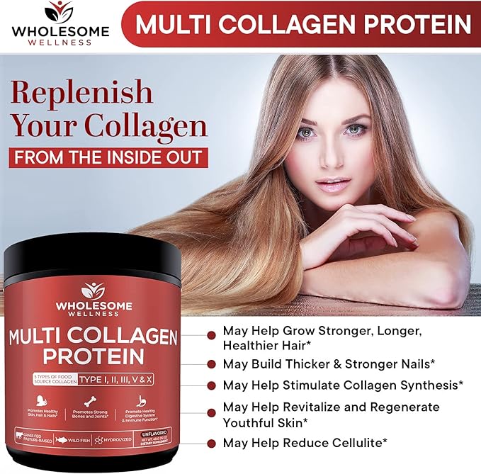 Wholesome Wellness Multi Collagen Protein Powder Hydrolyzed (Type I II III V X) Grass-Fed All-in-One Super Bone Broth + Peptides - Premium Blend of Beef, Chicken, Wild Fish, Eggshell, 58 Servings