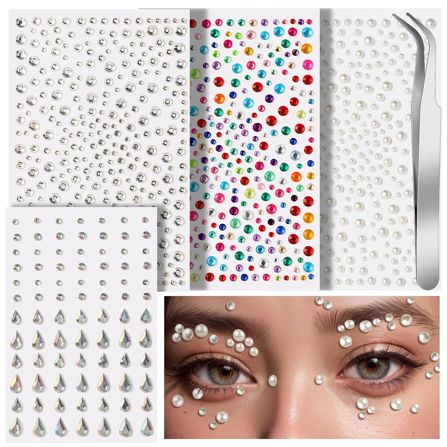 Teenitor Face Gems Self Adhesive Face Gems and Pearls for Makeup, Festival Jewels for Halloween Rave Accessories Hair Gems, Rhinestone Stickers for Face, Eye, Makeup, Body