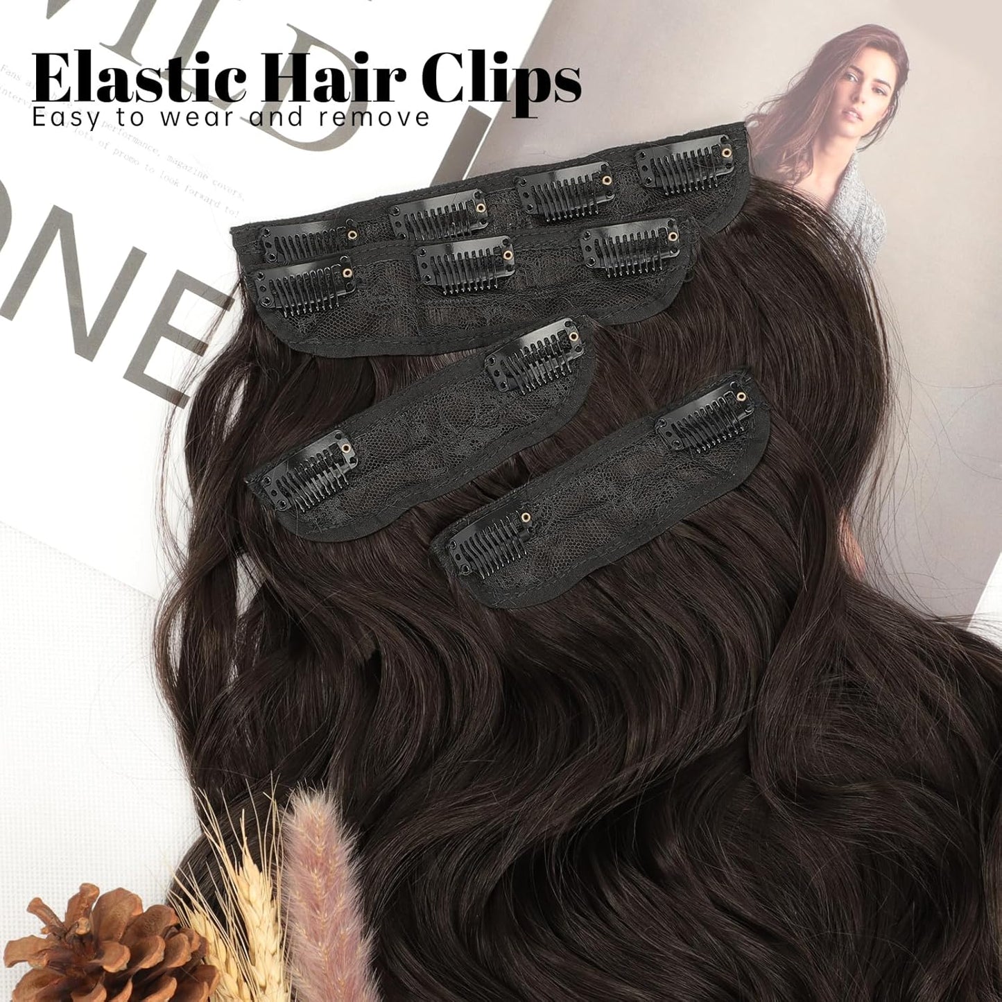 KooKaStyle Clip in Synthetic Hair Extensions Long Wavy 4PCS Thick Hairpieces Dark Brown 6# Fiber Double Weft Natural Hair Extensions 16 Inch for Women