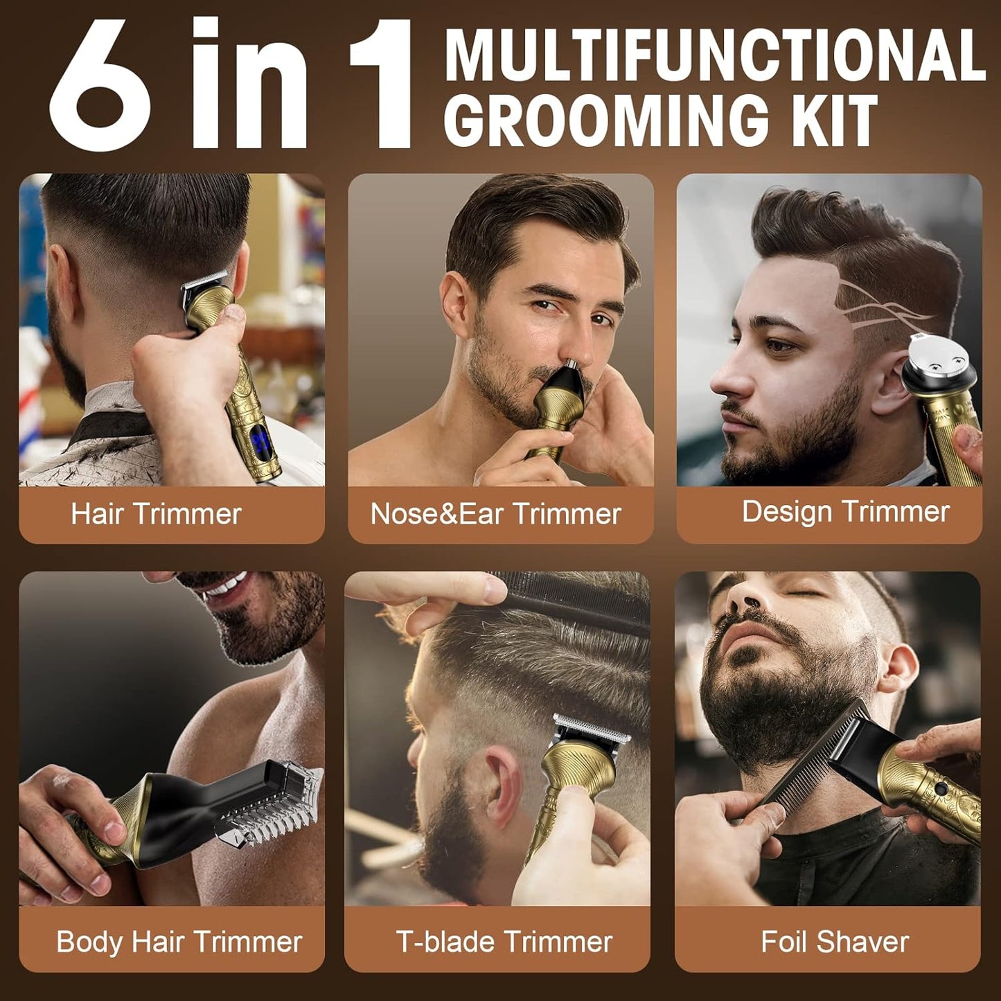 Beard Trimmer Kit for Men - Professional 6 in 1 Hair Clipper Trimmer, Cordless Multi Groomer, Mens Grooming Kit for Beard, Face, Body Nose Hair Facial, Electric Razor as Gifts for Him