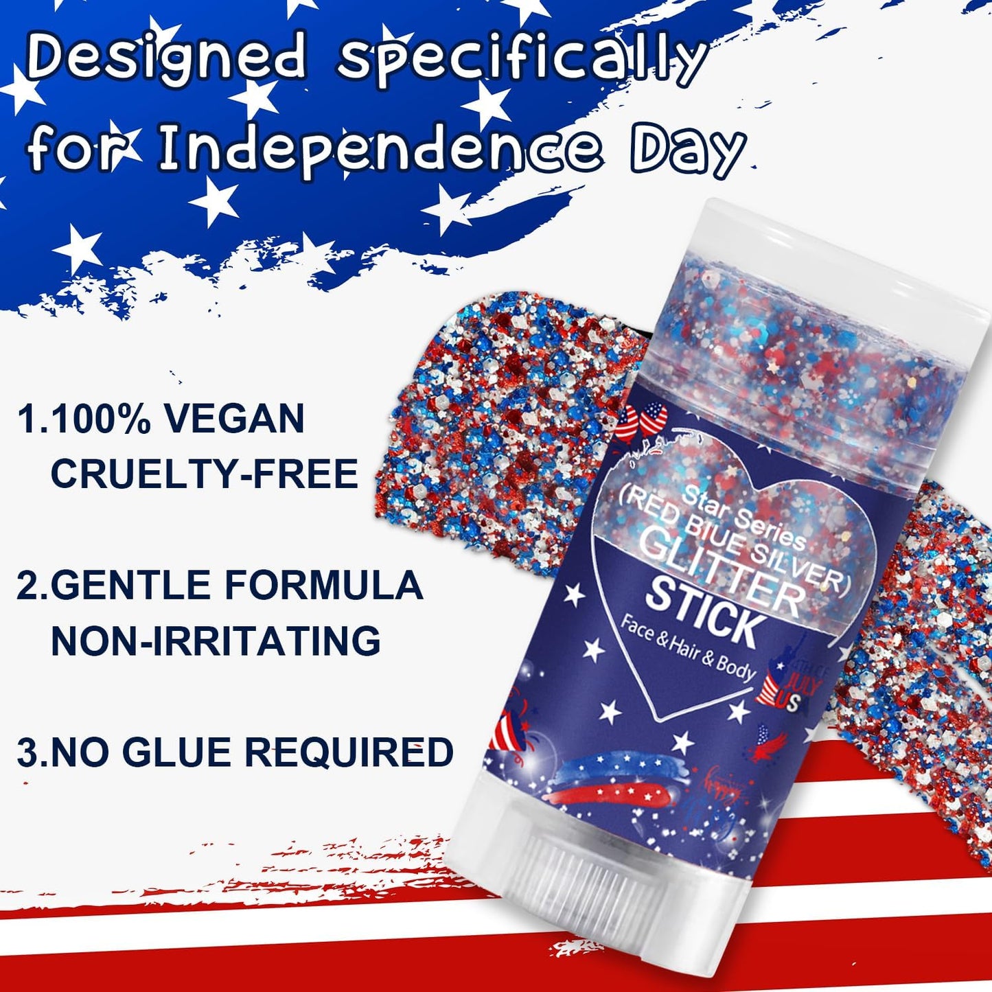 Patriotic Body Glitter Stick, Waterproof Face Glitter Gel, Chunky Glitter Face Paint, 4th of July Red White Blue Sequin Hair Glitter Makeup for American Pride USA Flag Makeup for Independence Day