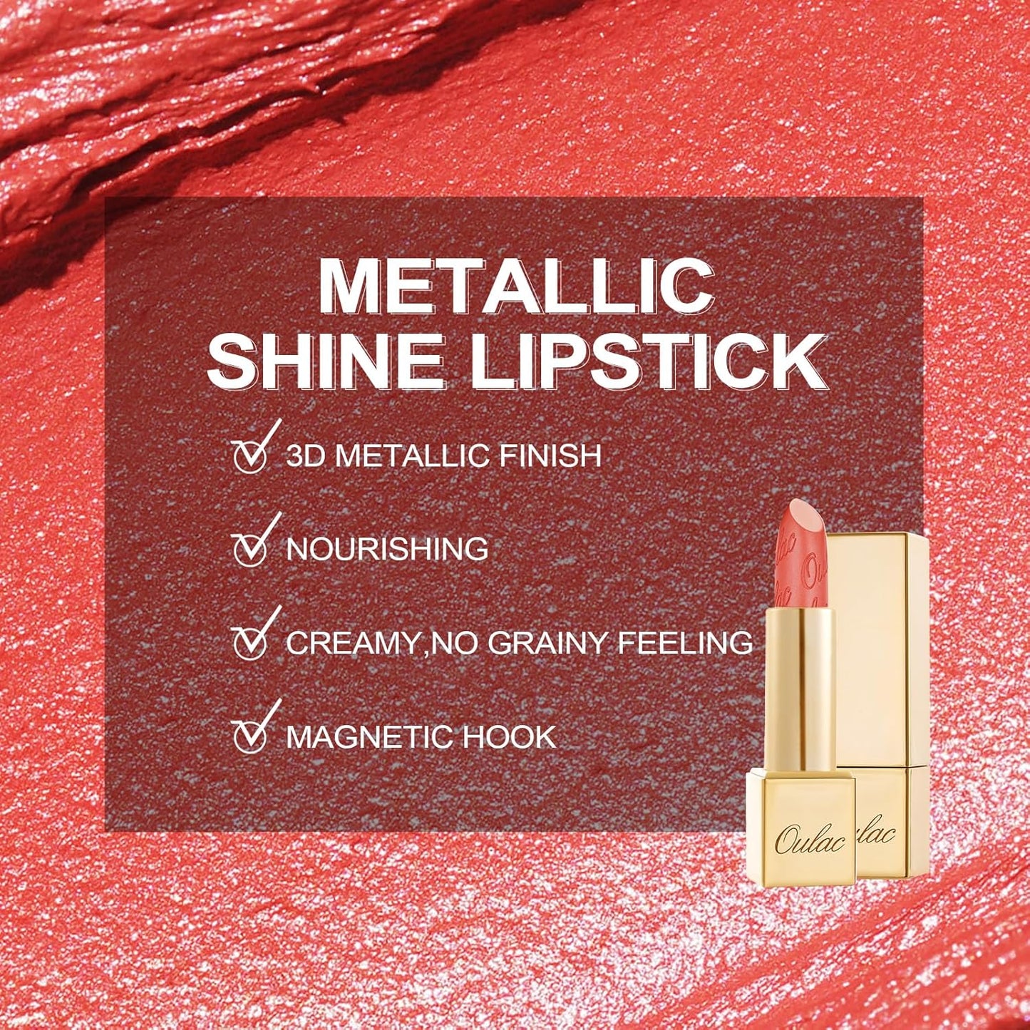 Oulac Coral Matte Lipstick with Glow Metallic Finish - Vegan Lipstick for Women, Creamy Texture, Hydrating Clean Beauty Formula, High-End Magnetic Hook Design, GM12 Celestial