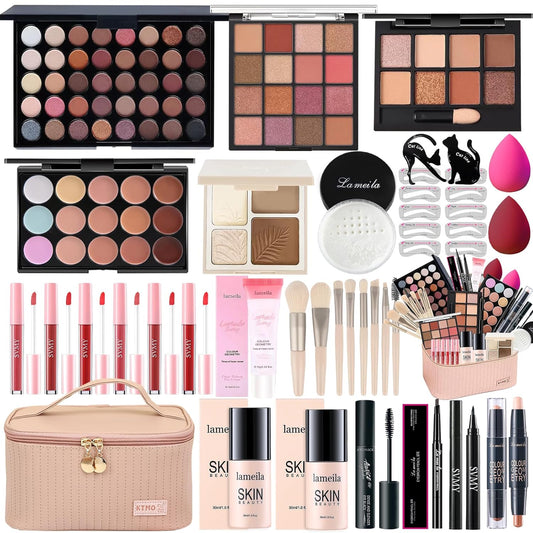 All in One Makeup Kit for Women Full Kit, Makeup Gift Sets for Women Teens Girls, Makeup Essential Bundle Includes Eyeshadow Palette Foundation Eyeliner Contour Stick Lip Gloss Cosmetic Brush Set