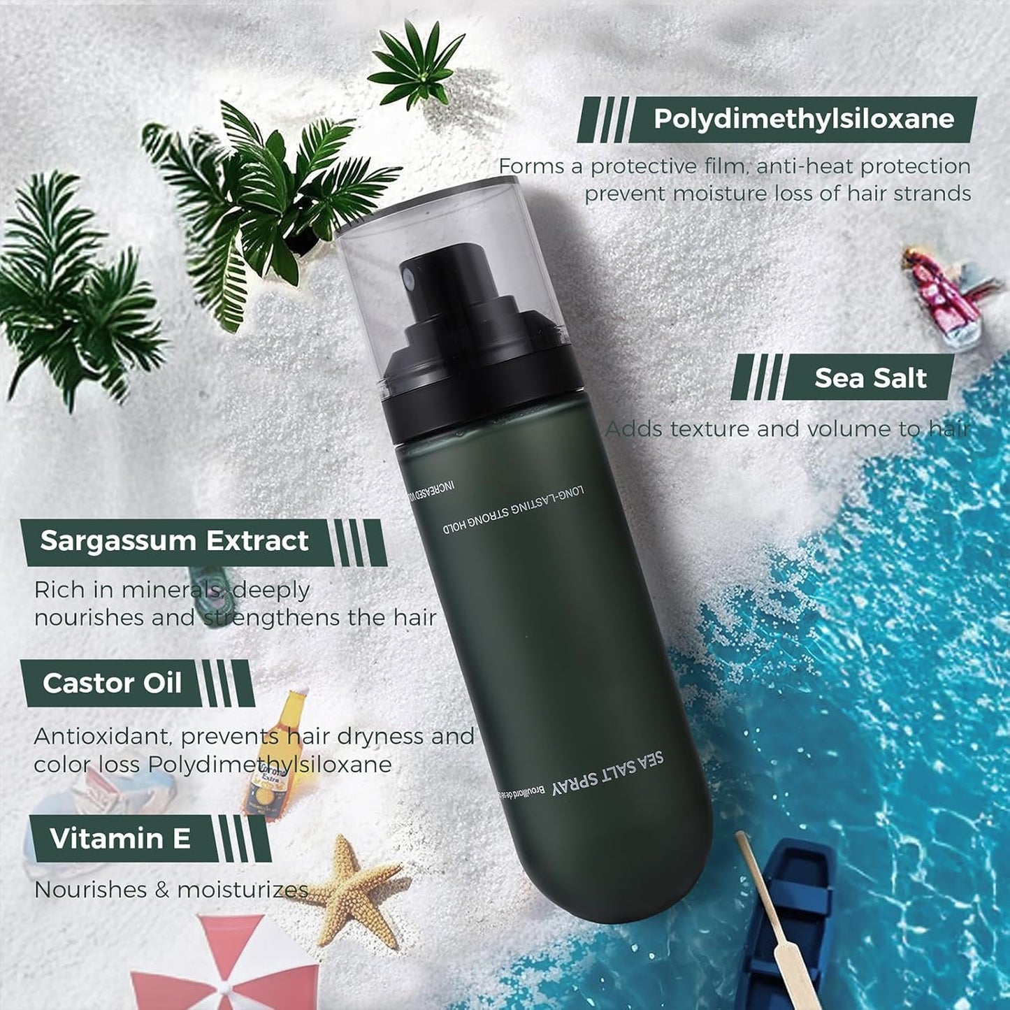 Sea Salt Spray for Men - Texturizing Spray for Beach Waves, Volume & Strong Hold - Non-Sticky, No White Residue with Sargassum Extract (100ml)