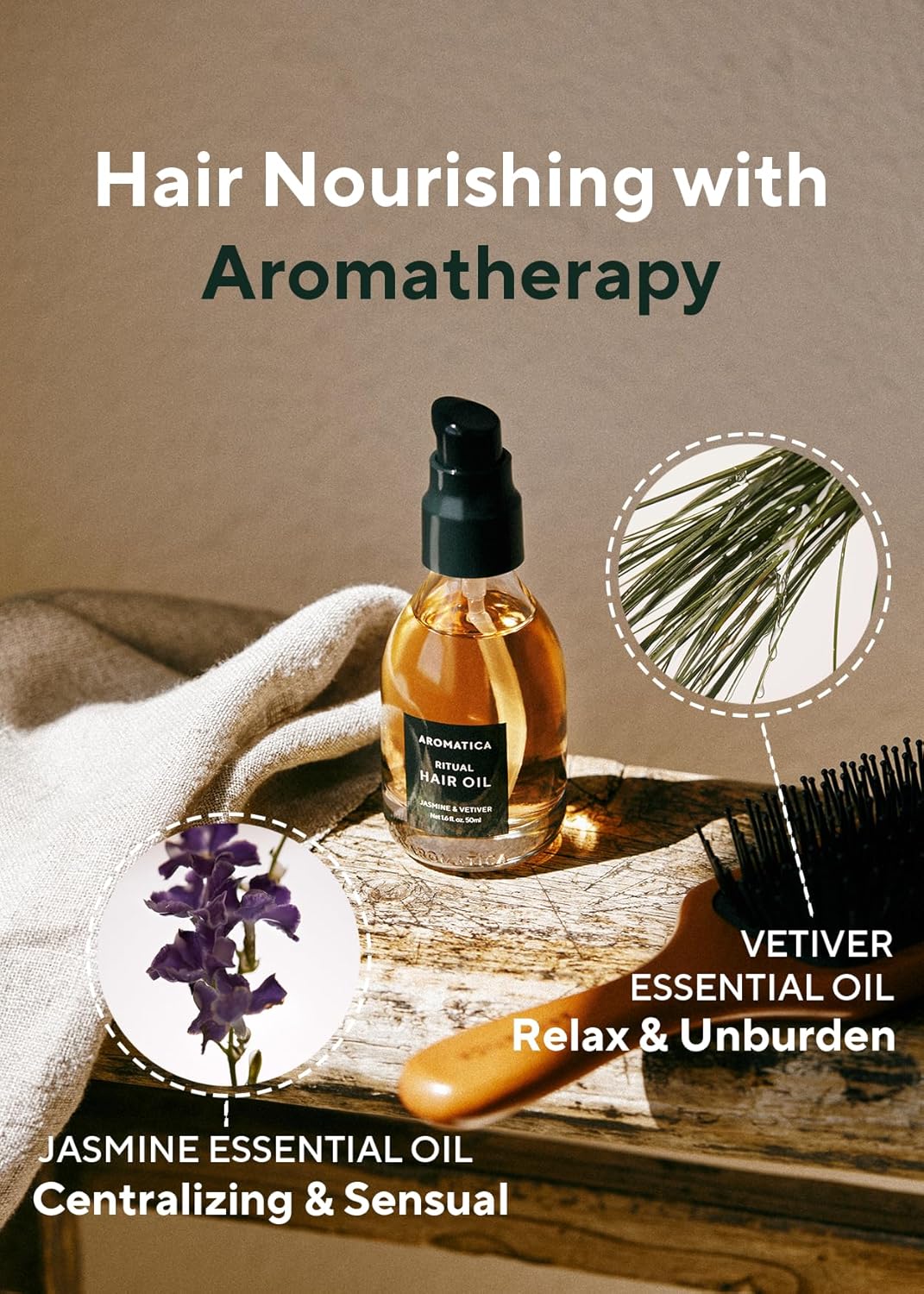 AROMATICA Ritual Jasmine & Vetiver Hair Oil - Adds Shine and Smooths Split Ends - Blow Out Hair Serum for Damaged & Frizzy Hair - Nourishing for Dry Curly Hair - Silicone-Free (1.6 fl oz)