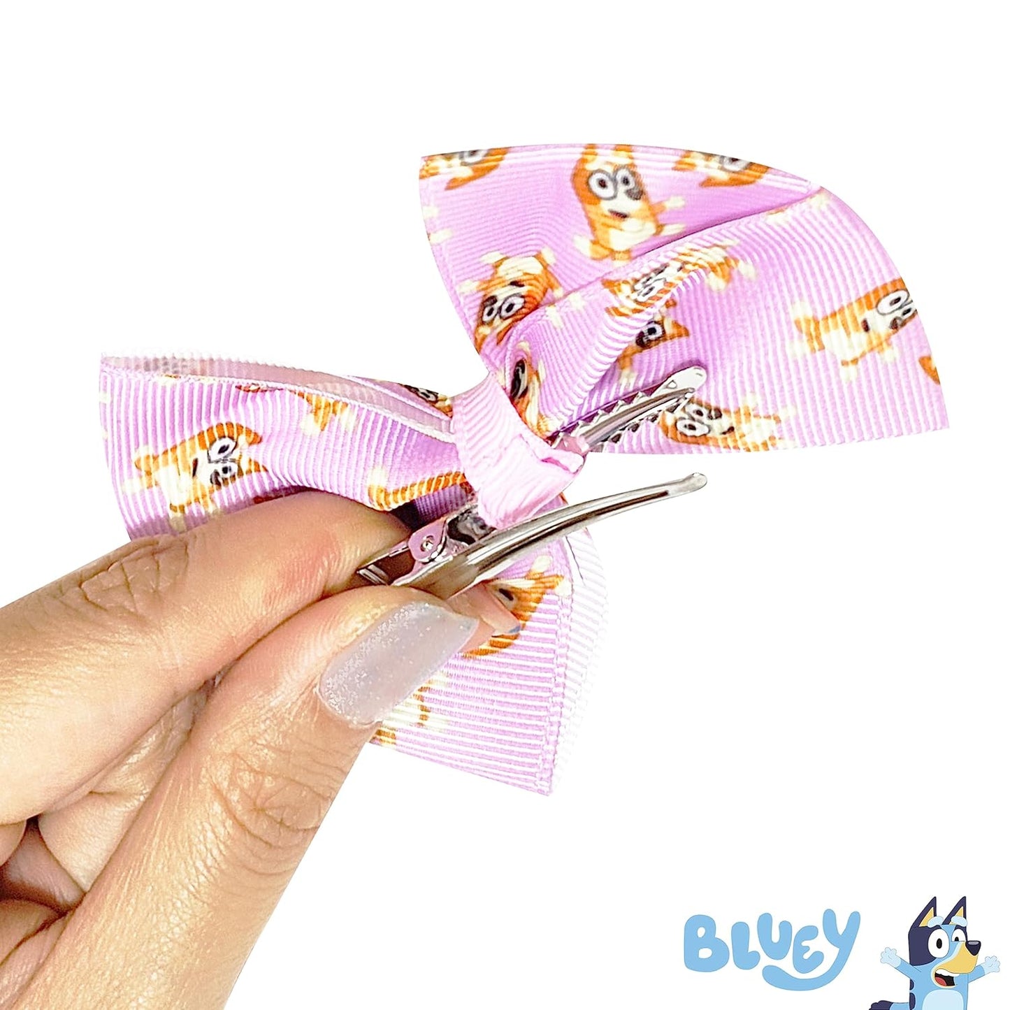 Bluey Kids Hair Bows - Hair Accessories Gift Set - Bluey Hair Bow - 7 Pcs 4 Inch Bow Bundle - HairBows for Girls - Different Bluey print on each clip - Alligator Clip - Ages 3 +