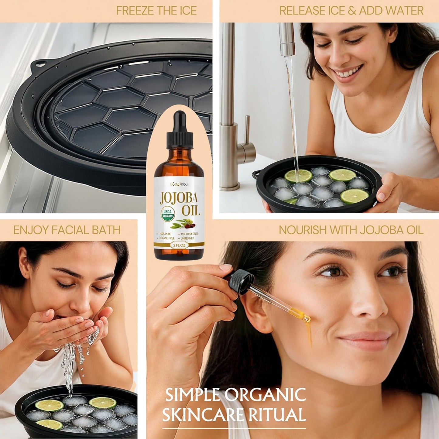 Face Ice Bowl Ice Bath Cold Plunge Dunk Dip - Silicone Collapsible Bucket Tub Subzero Basin Facial Plunge Bowl - Face Washing Ice Water Cleanse Jojoba Oil Dropper Skin Hair Lashes - 2 Fl Oz