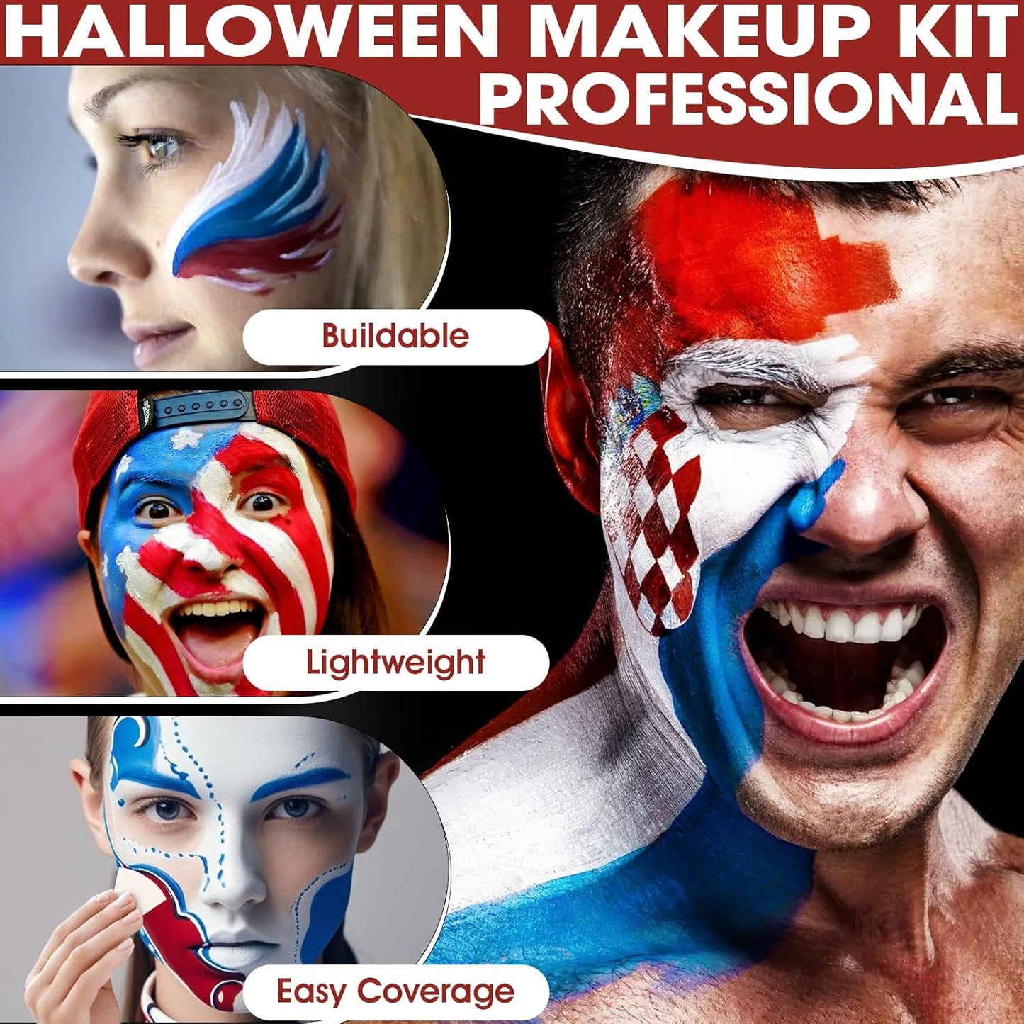 3 Colors Face Body Paint [Blue White Red] + 3pc Sponge + 3pc Brush, USA Themed Accessories Flag Color Eye Black for Sport, Face Paint Halloween Makeup Kit for Clown Vampire Joker Makeup