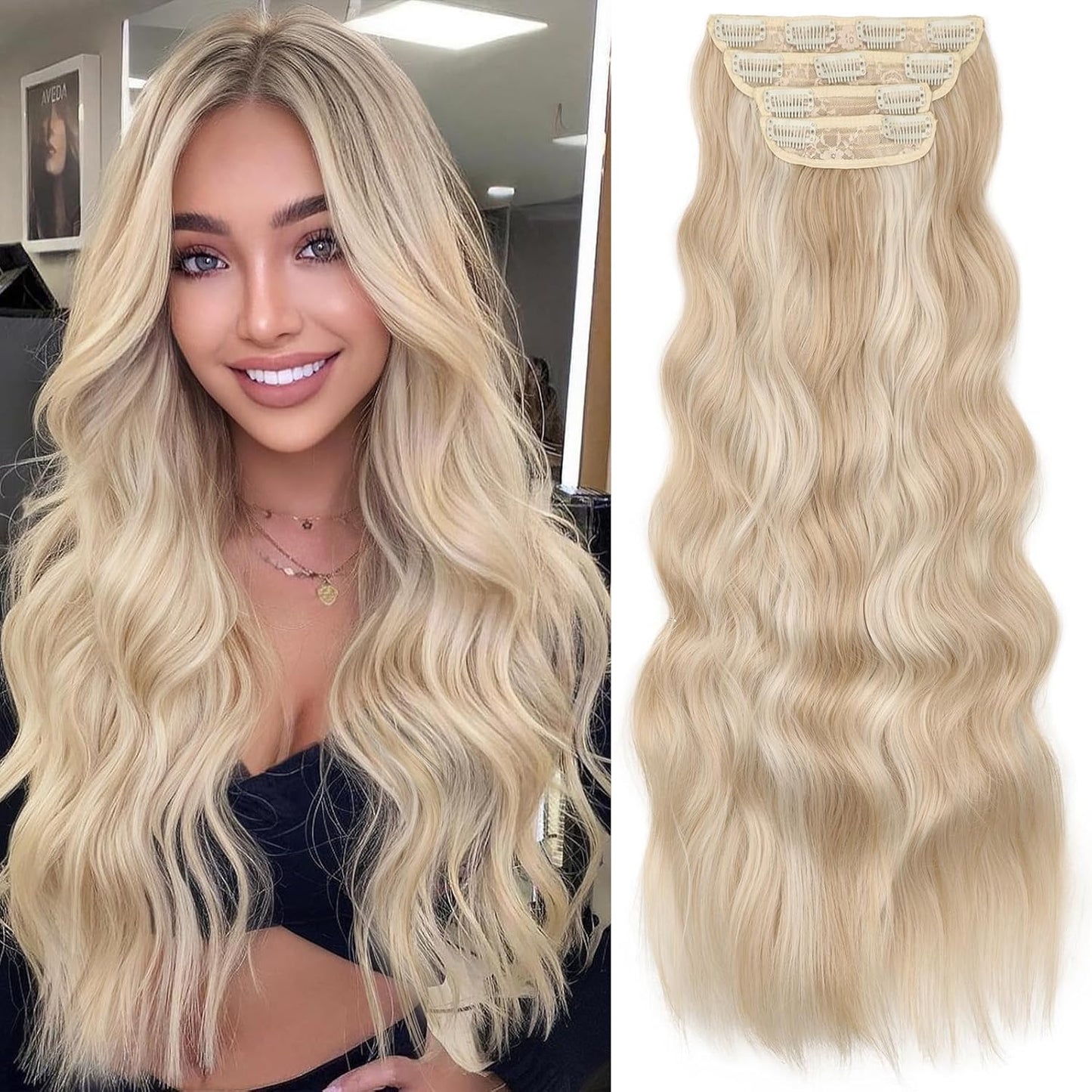 KooKaStyle Clip in Long Wavy Synthetic Hair Extension 24 Inch Pearl Blonde 4PCS Thick Hairpieces Fiber Double Weft Hair for Women