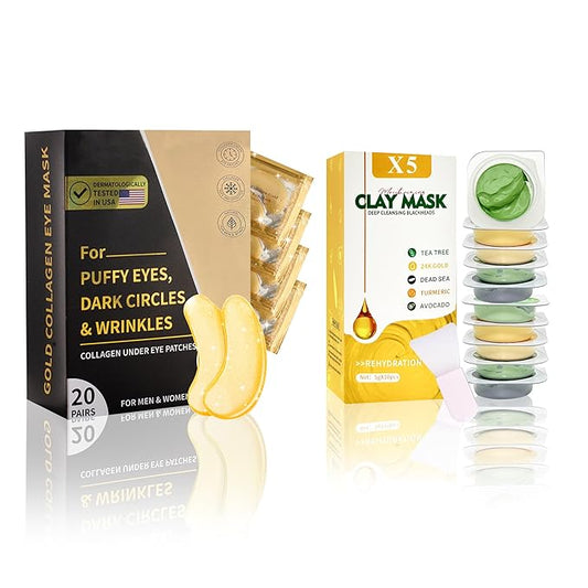 Clay Mask Set (10 Pods) Gold Eye Patches (20 Pairs), Mud Mask Deep Pore Cleansing Acne Blackhead Removal, Eye Patches for Puffy Eyes Dark Circles, Men & Women Facial Mask Eye Masks Skin Care.