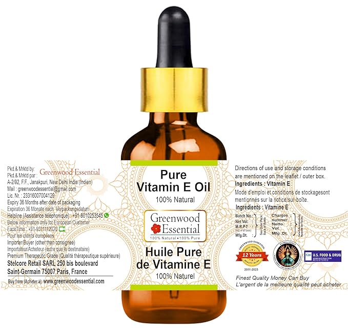 Pure Vitamin E Oil with Glass Dropper Premium Therapeutic Grade for Hair, Skin & Aromatherapy 10ml(0.33 oz)