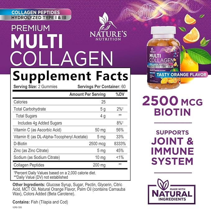 Collagen Gummies for Women with Vitamin C, Zinc & Biotin - Hydrolyzed Protein Type 1 & 3 Multi Collagen Peptides Supplement - Support for Hair, Skin, Nails & Joints, Gluten Free Complex - 120 Gummies
