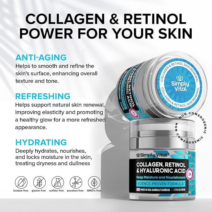 SimplyVital Collagen, Retinol & Hyaluronic Acid Cream - Anti-Aging Face Moisturizer for Face, Firming Skin Care Neck & Décolleté - Made in USA, Daily Moisturizer Face Cream Day & Night - 1.7 fl.oz.