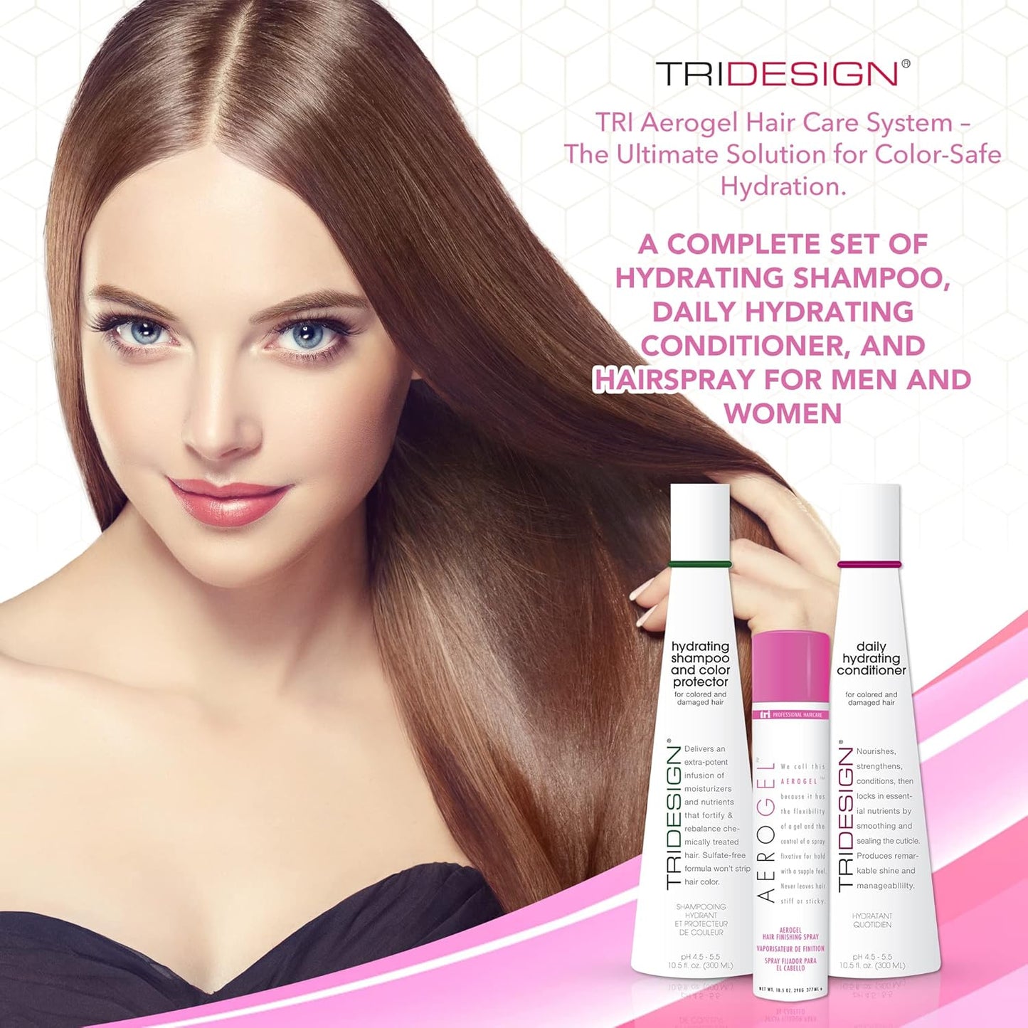 TRI Design Aerogel Hairspray 10.5 oz., Hydrating Shampoo 10.5 oz. and Daily Hydrating Conditioner 10.5 oz. - Color Safe Shampoo and Conditioner with Hairspray for Women and Men