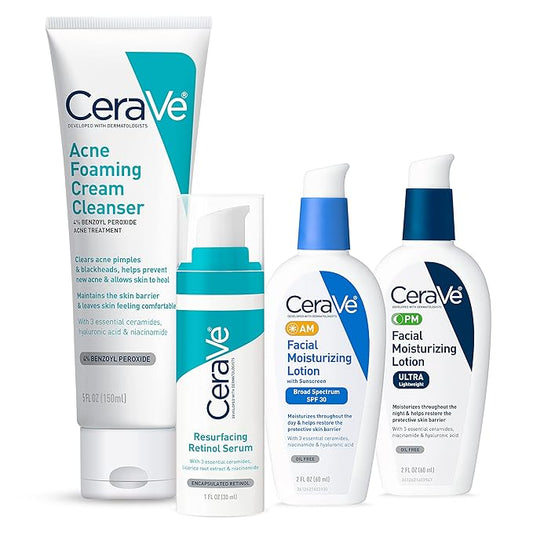 CeraVe Acne Skin Care Set, 5oz Acne Foaming Cream Cleanser + 1oz Resurfacing Retinol Serum + 2oz AM Facial Moisturizing Lotion with SPF 30 + 2oz PM Facial Moisturizing Lotion