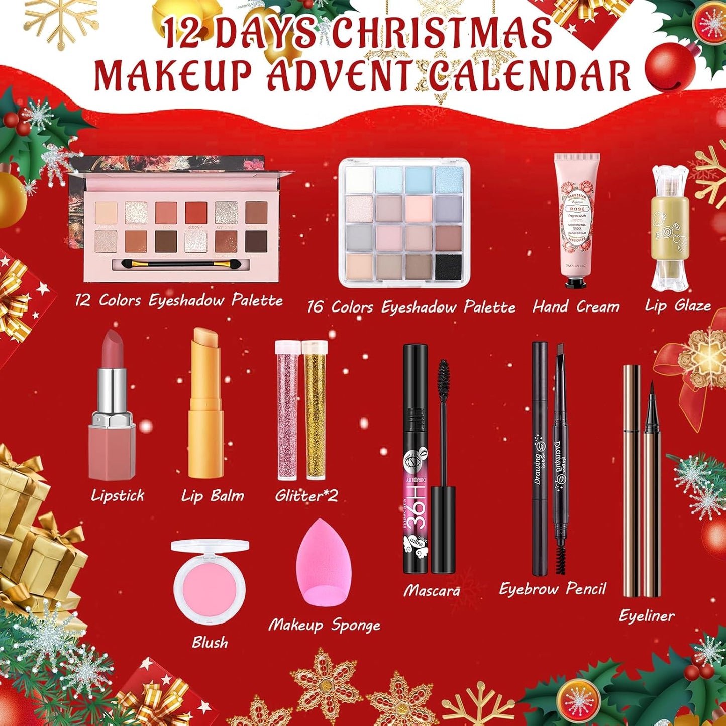 Erinde Makeup Advent Calendar 2025, 12 Days Christmas Gift Makeup Set for Teen Girls & Women, 2025 Xmas Holiday Countdown Calendar Beauty & Cosmetics Holiday Surprise Make Up Gift Kits for Women