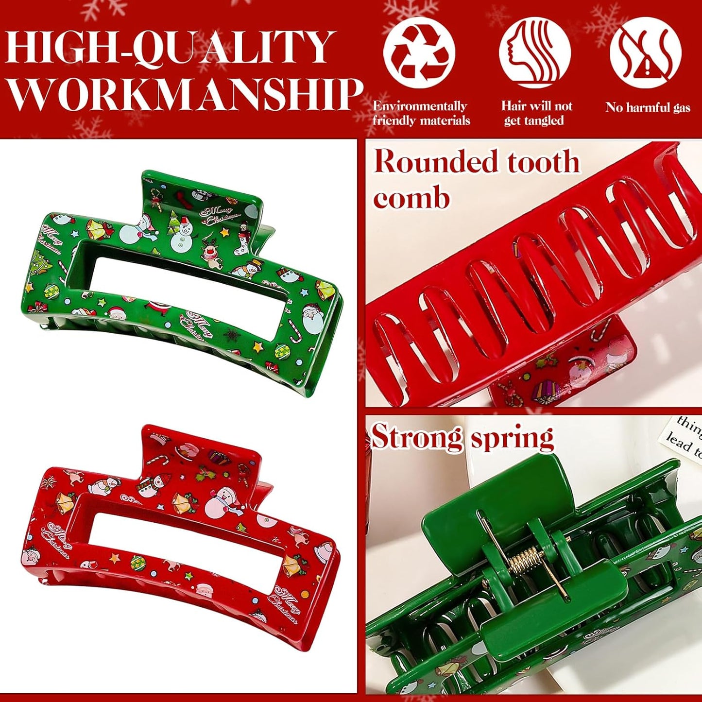 2 Pcs Christmas Hair Clips for Women, Red Green Hair Claw Clips, Large Square Hair Claw, Christmas Hair Accessories, Cute Snowman Claw Clips for Thick and Thin Hair Decoration