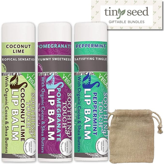 Vegan Lip Balm Set - Variety Pack of 3 Soothing Touch Lip Balms. Large 0.25 oz size. Includes Bonus Muslin Pouch (3 x 4 in) Unique Gift Bundle from Tiny Seed (Coconut Lime, Pomegranate, Peppermint)