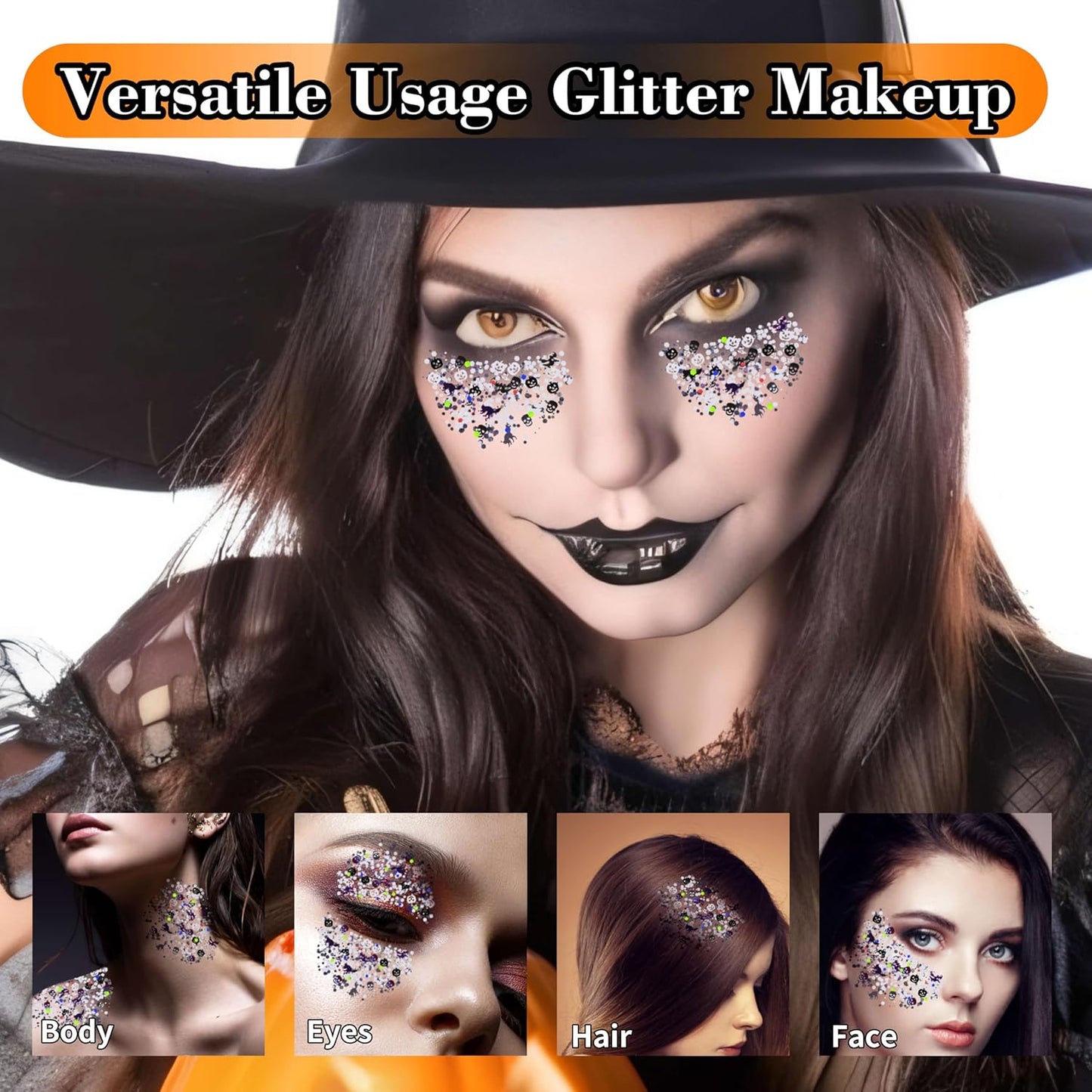 Halloween Body Glitter Gel,Black White Skull Pumpkin Professional Vibrant Music Festival Party Rave Accessories,Sparking Chunky Face Glitter Paint Makeup for Women and Kids