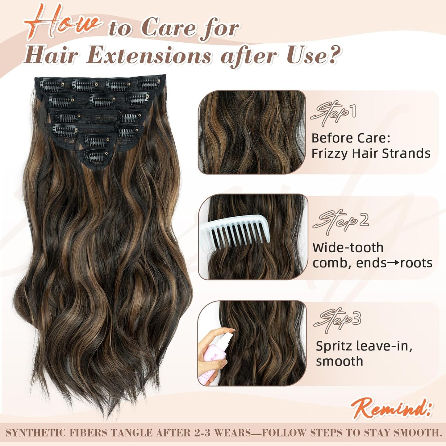 Clip in Long Wavy Synthetic Hair Extensions 16 Inch Black with Caramel Highlights 6PCS Thick Hairpieces Fiber Double Weft Hair for Women