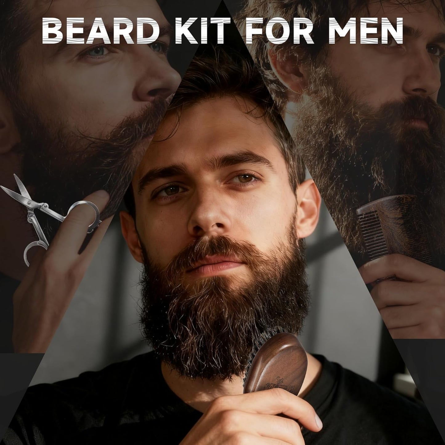 BFWood Mens Beard Brush Comb Kit: Small Travel Beard Set - Natural Boar Bristles With Black Walnut Wood, Grooming Sandalwood Mustache Comb, Mustache Trimming Sissors With Storage Bag