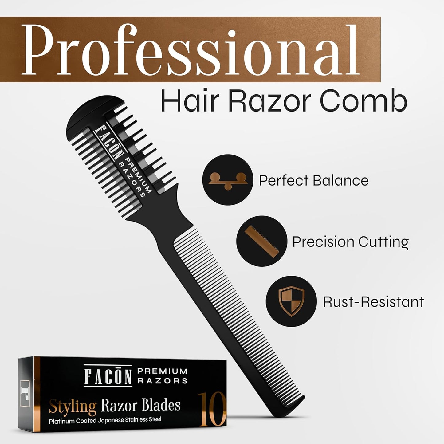Facón Razor Comb for Hair Cutting - Professional Hair Cutting Comb Kit with 12 Replacement Blades, Double Edge Shaper for Salon & Home, Premium Styling Thinning Texturizing Split Ends Trimming Razor