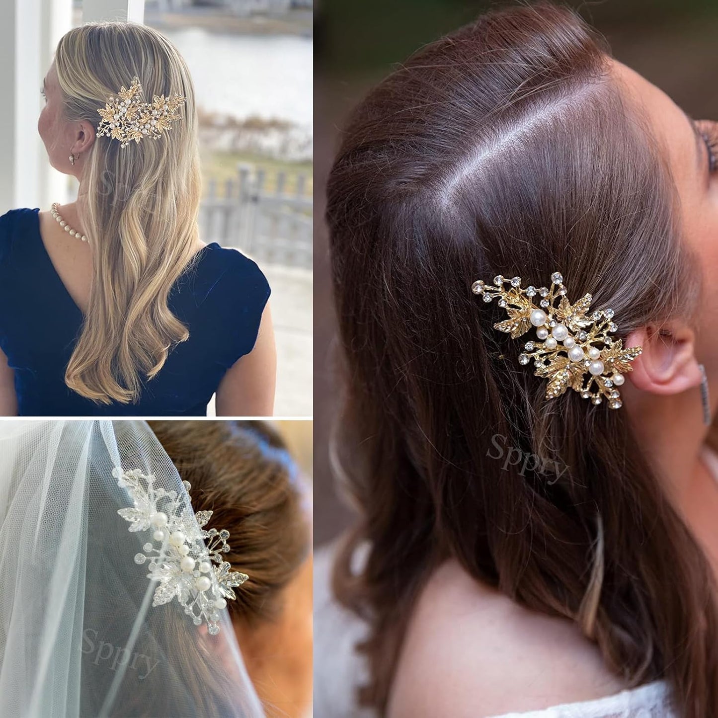 Wedding Hair Clips (2 Pcs) - Rhinestone Pearl Hair Accessories for Bridal Women (Gold)