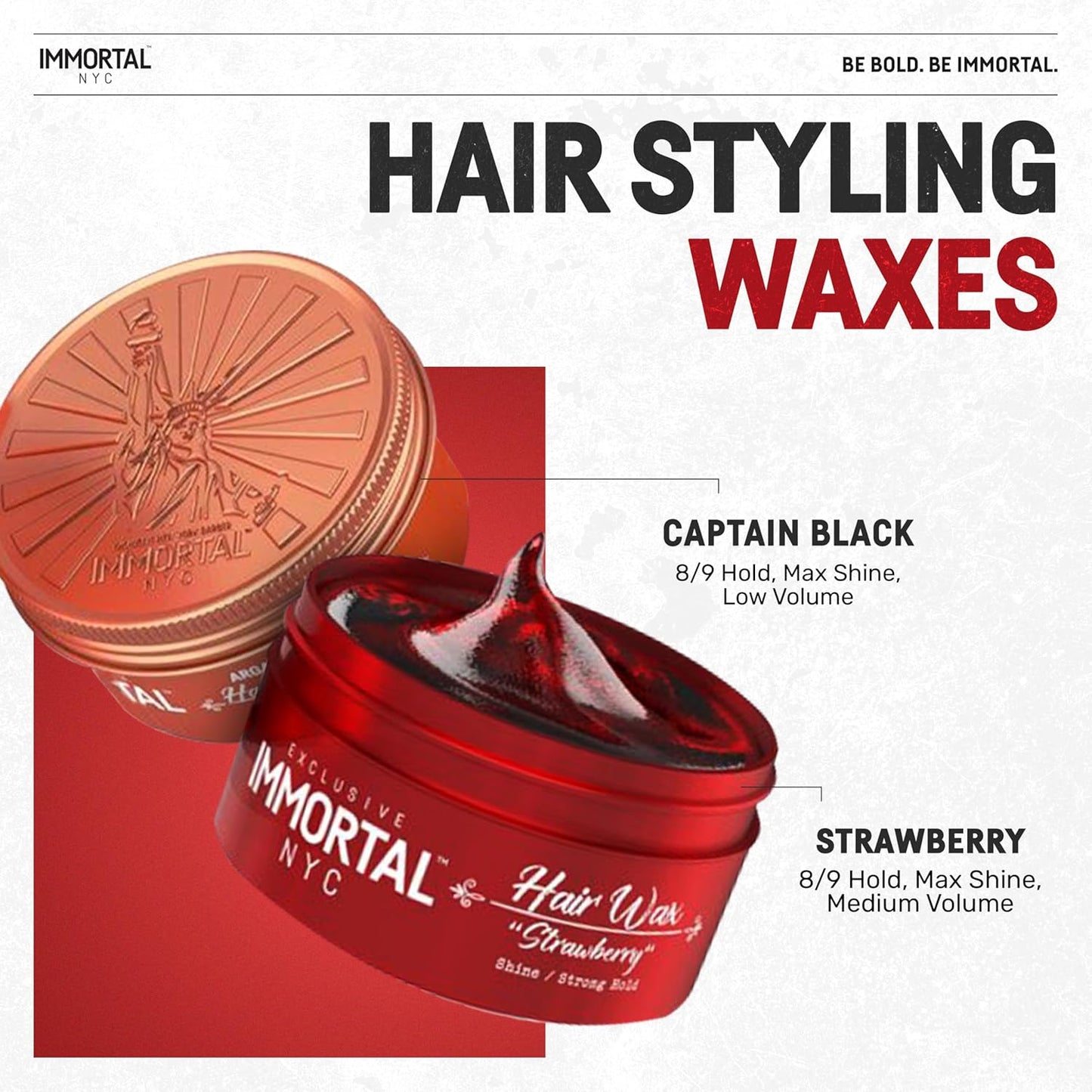 Immortal NYC Strawberry Hair Wax - 8 out of 9 Holding Ability, Max Shine - All Natural Water-Based Hair Wax for Men - No Residue, All Hair Types