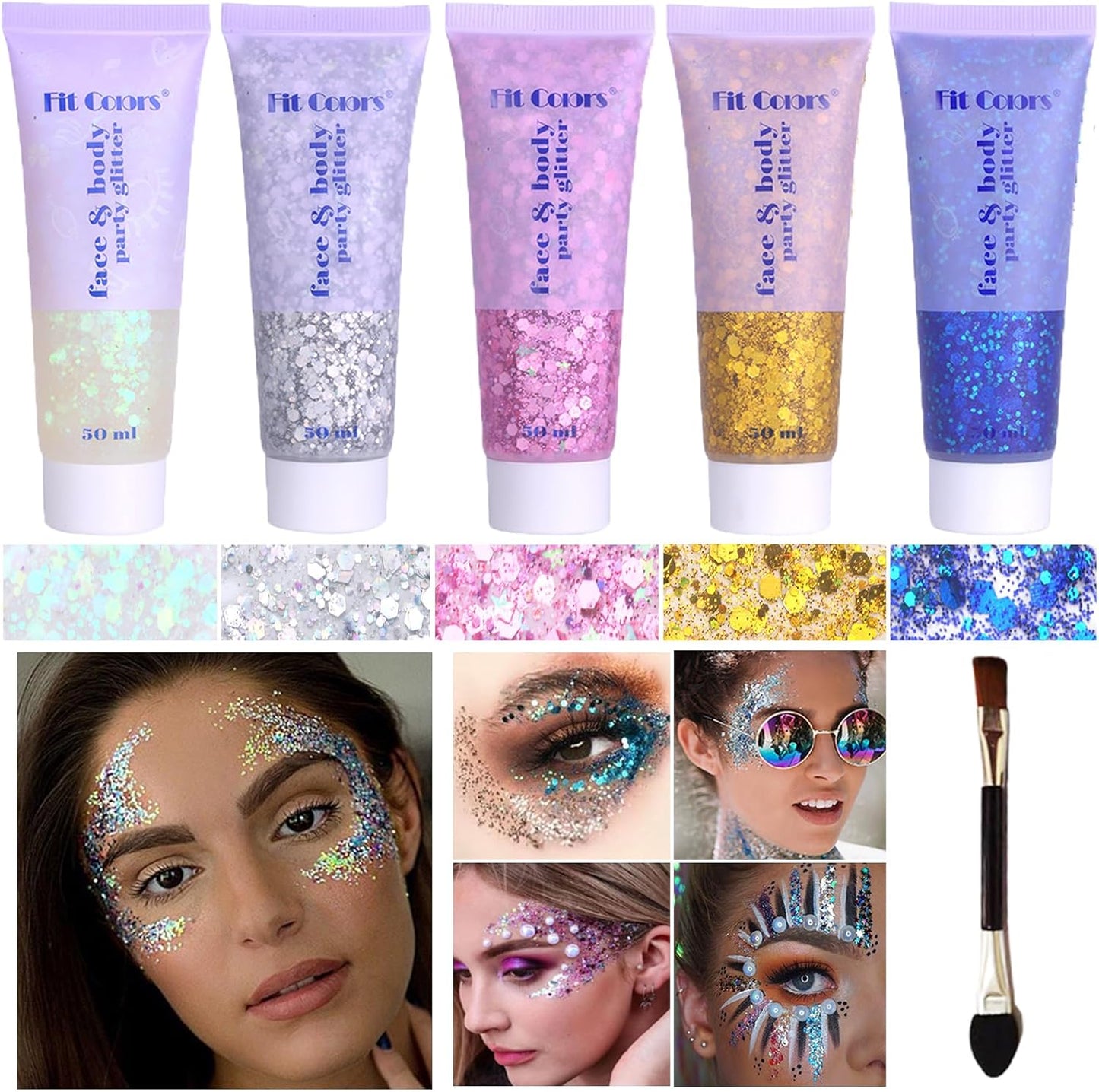 Body Glitter Face Glitter Gel: Singer Concerts Disco Festival Rave Accessories Face Glitter Makeup 150ml Chunky Sequins Mermaid Face Body Hair Glitter Gel (White&Silver&Pink&Gold&Blue)