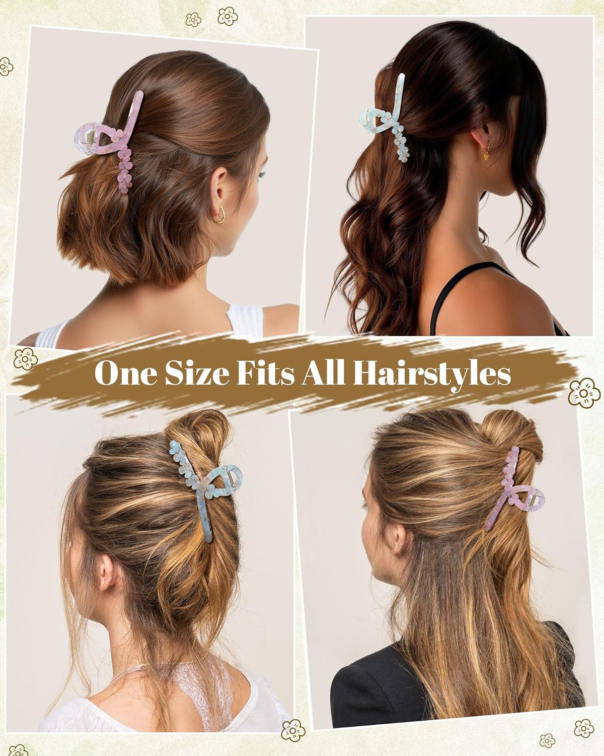 HOKEMP Large Hair Claw Clips for Women, 2 Pack Mermaid Acrylic 3D Flower Claw Clips for Thin & Thick Hair Styling Hair Accessories (Smoky Blue + Pink)