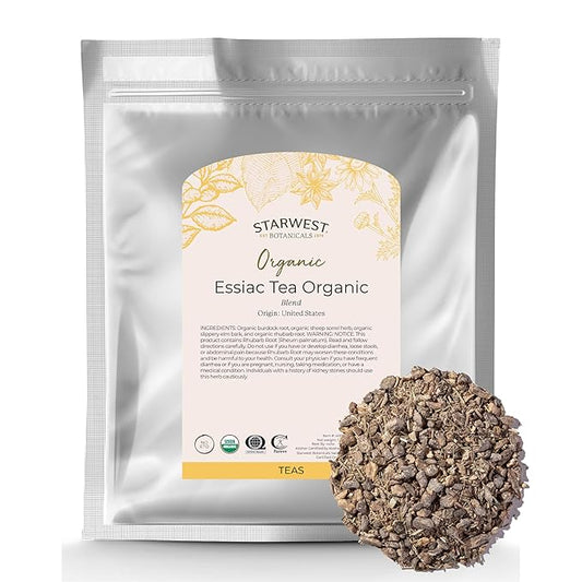 Starwest Botanicals Essiac Tea Organic - Caffeine Free Herbal Blend, Loose Leaf Burdock Root, Slippery Elm Bark, Sheep Sorrel, & Rhubarb, Certified Kosher, Non-GMO - Bulk 1 lb Bag